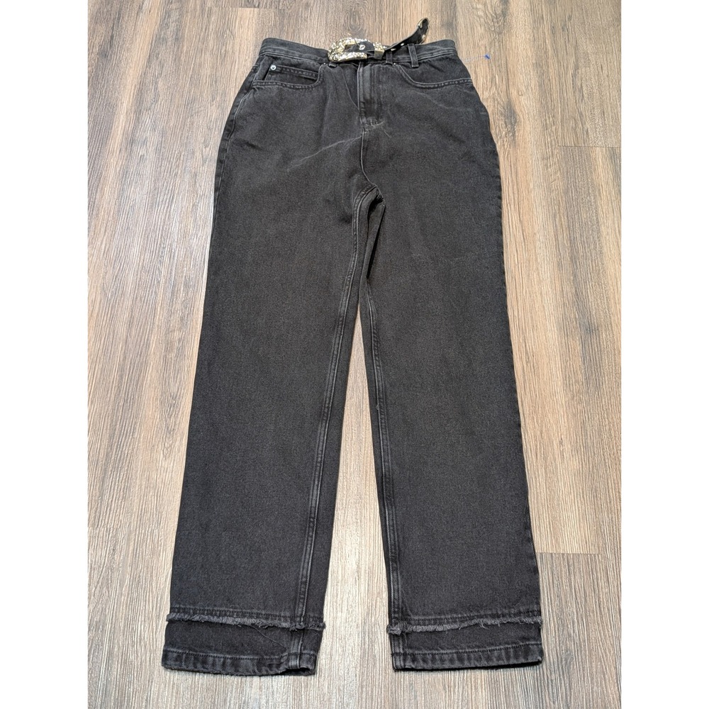 Le ALX Black Wash Denim Jeans Size 26 Embellished Belt High Rise Straight‎ Leg
